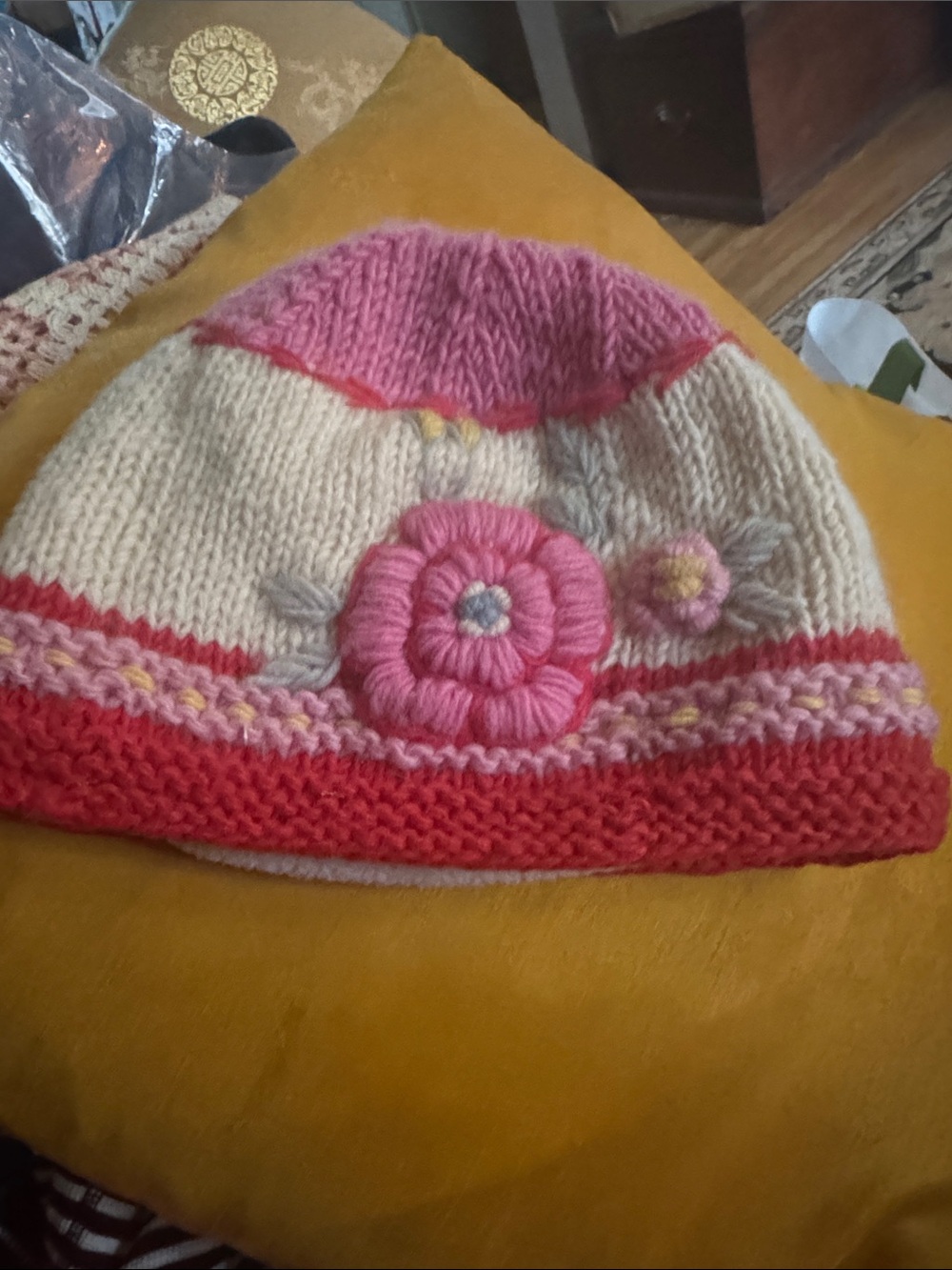 Cream and Pink Floral Knit Beanie - Women's Winter Hat